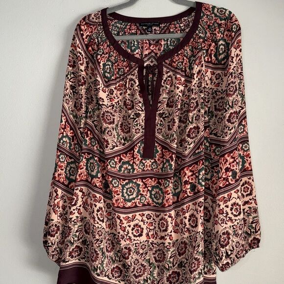 Signature Studio Blouse Womens Plus 3X Long Sleeve Bohemian Floral Beige Red - Picture 2 of 8
